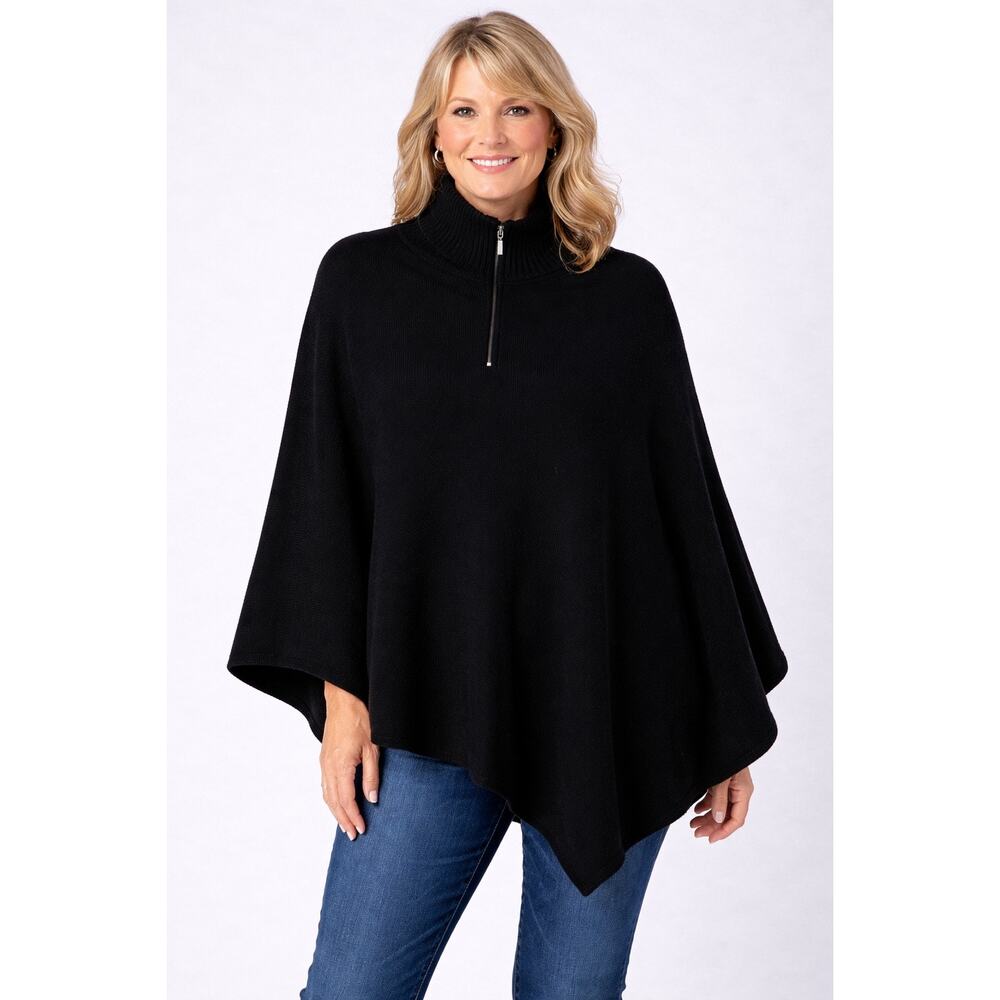 Clothes by Revue Black 100% Wool Sweater Poncho Pockets FLAW Womens Size Medium‎